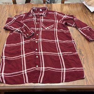 Long dress-like flannel cover all. Burgundy plaid.